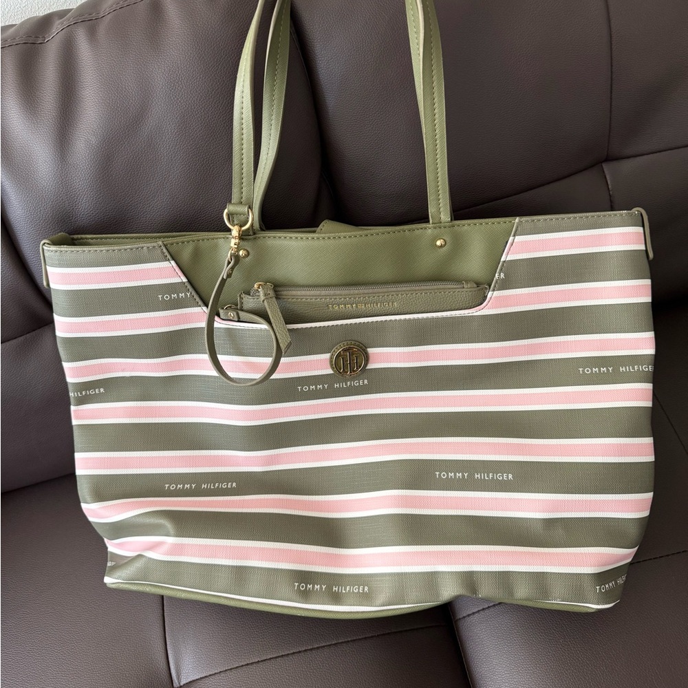 Tommy Hilfiger Olive and Pink Striped Tote